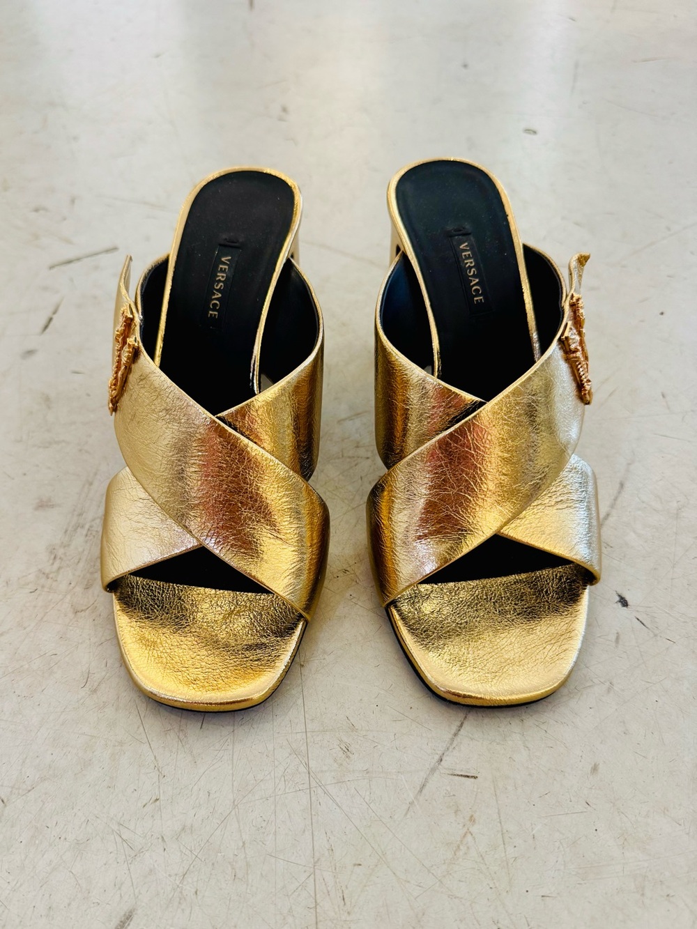 Versace Gold Metallic Crisscross Slip-On Mules sz38.5 $399